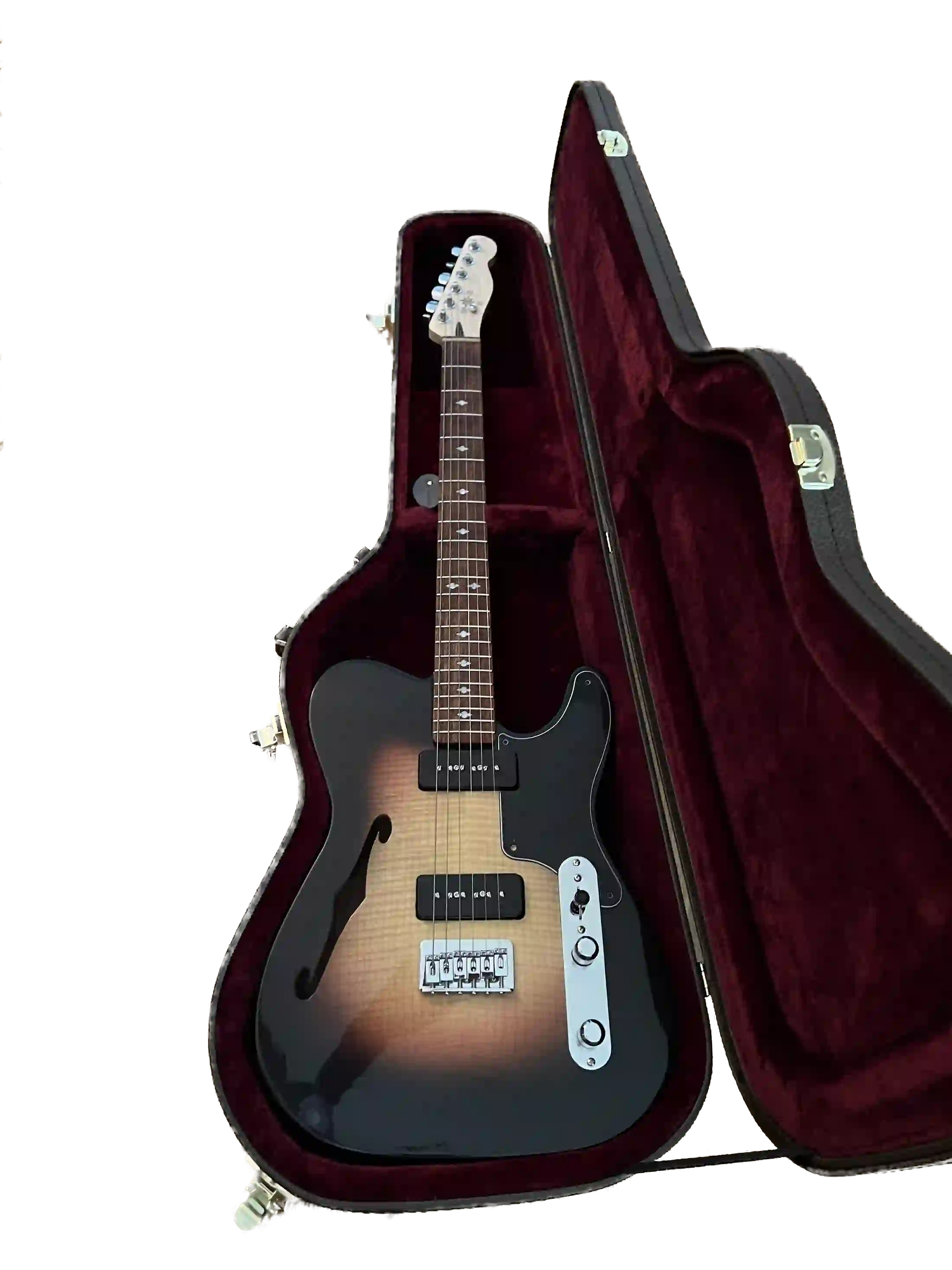 Custom electric guitar in case with alternate pickguard