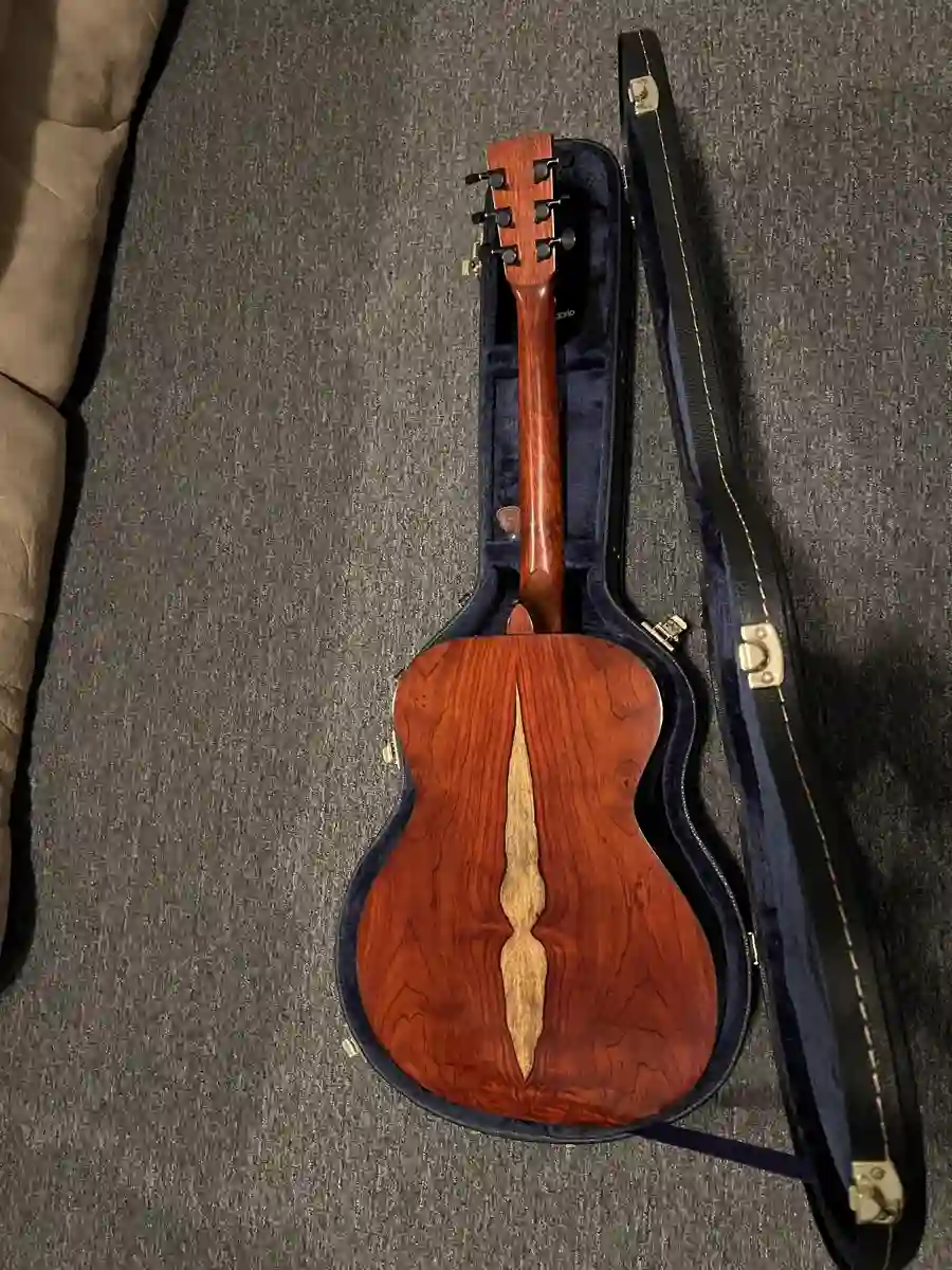 Acoustic guitar back in blue case