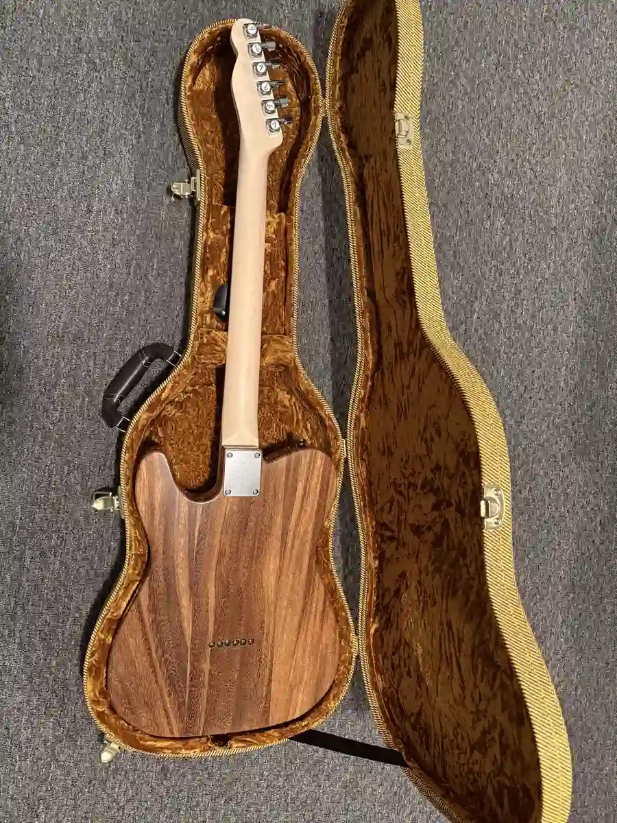 Natural electric guitar back in tweed case